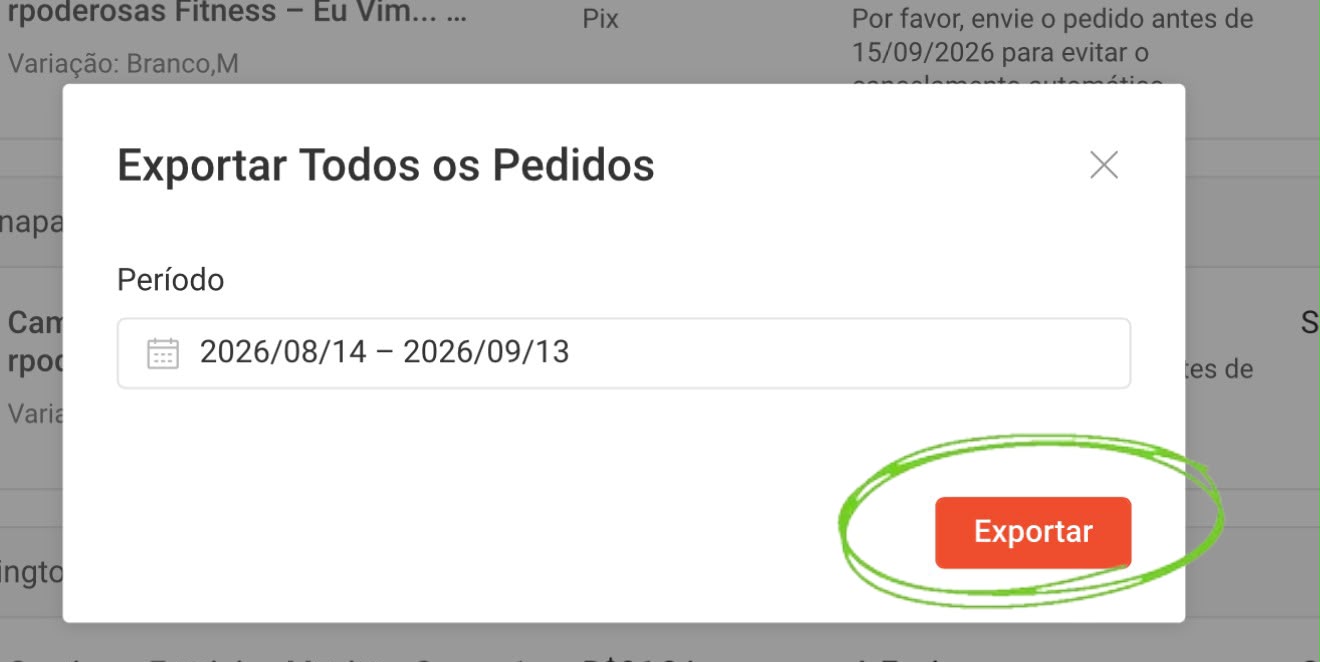 Janela da Shopee com o botão para confirmar a exportação destacado