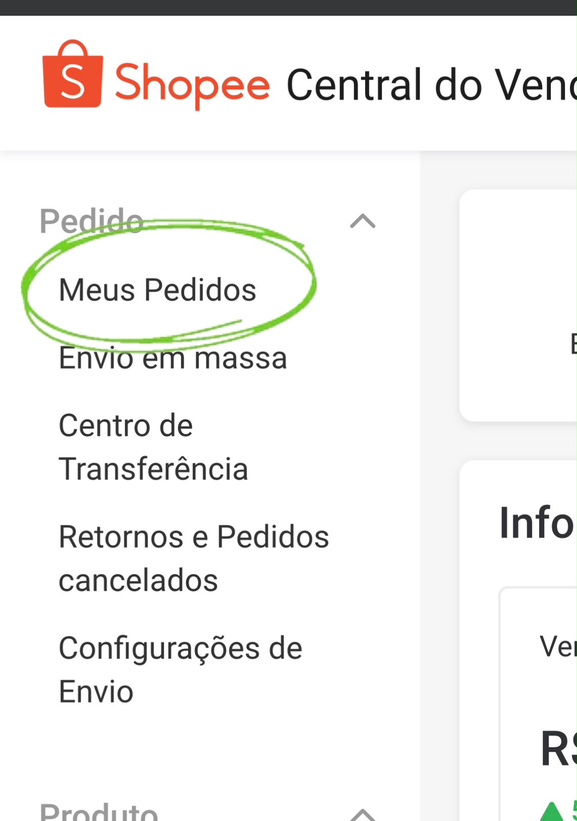 Menu da Central do Vendedor Shopee com Meus Pedidos destacado