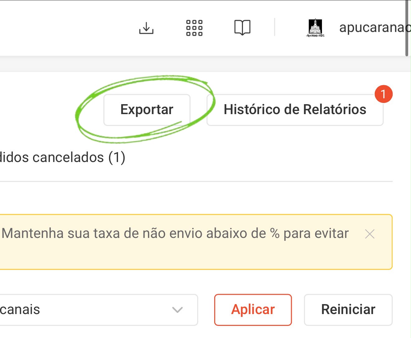 Tela da Shopee com o primeiro botão Exportar destacado