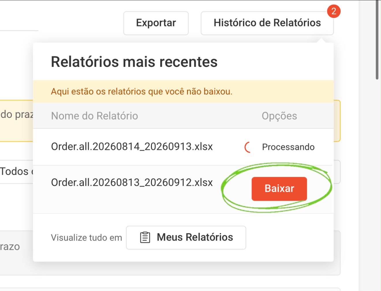 Histórico de Relatórios da Shopee com o botão Baixar destacado