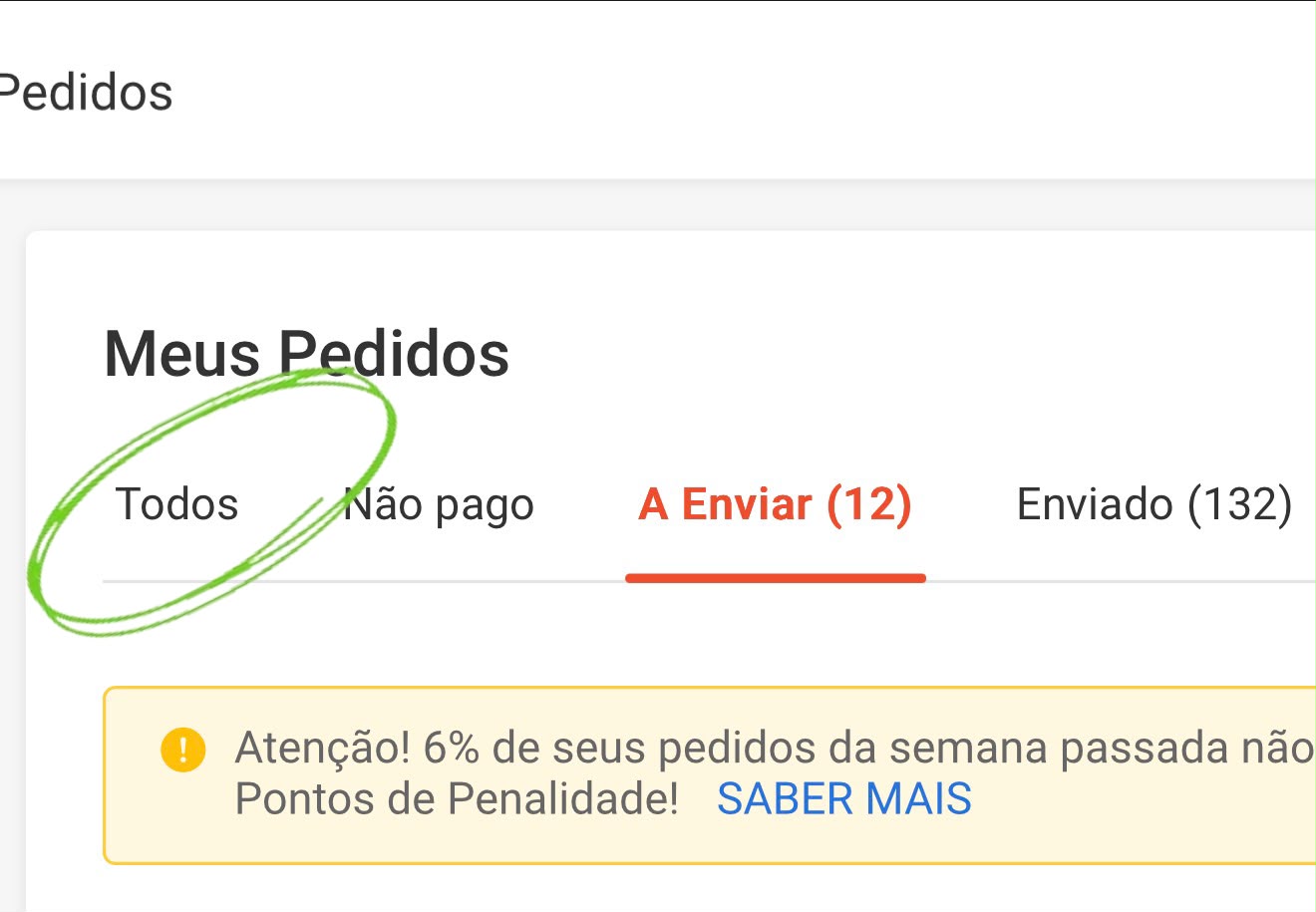 Tela Meus Pedidos da Shopee com a opção Todos destacada